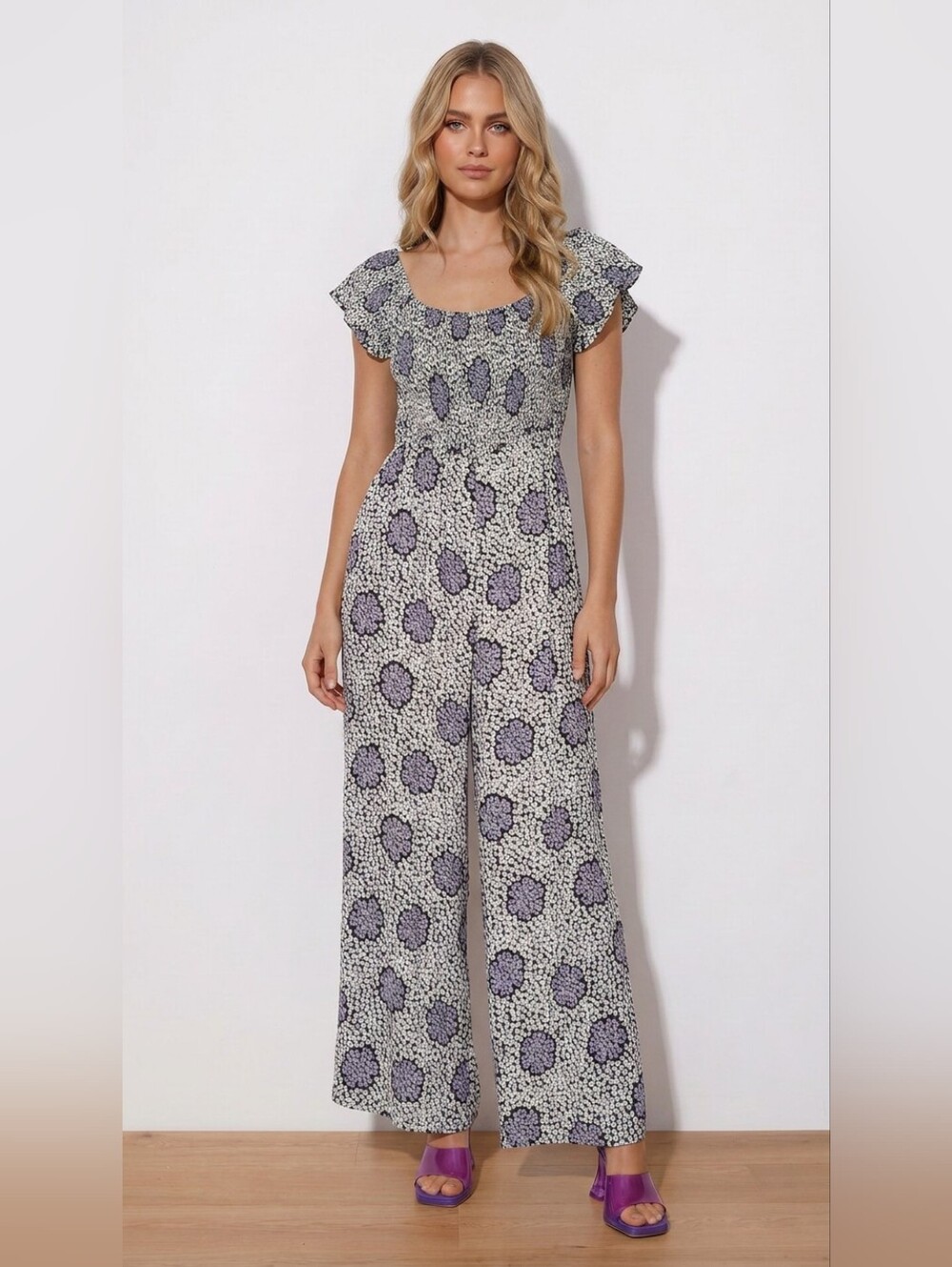 'Rewind' Purple, white, black smocked/shirred top jumpsuit, floral, wide Leg XXL